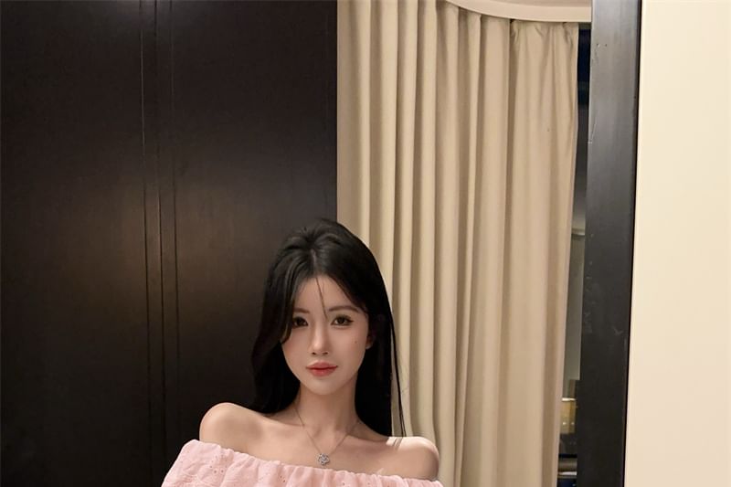Plain Lace-Panel Off-Shoulder Sleeved Blouse