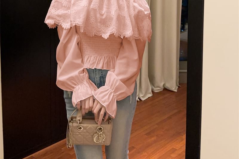 Long-Sleeve Off Shoulder Plain Lace Panel Blouse