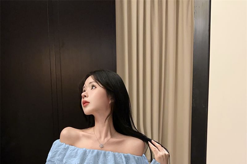 Long-Sleeve Off Shoulder Plain Lace Panel Blouse