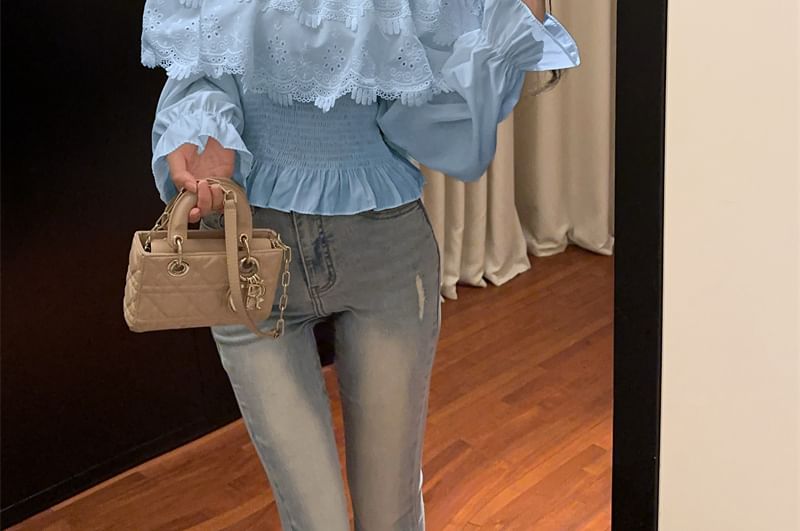 Long-Sleeve Off Shoulder Plain Lace Panel Blouse