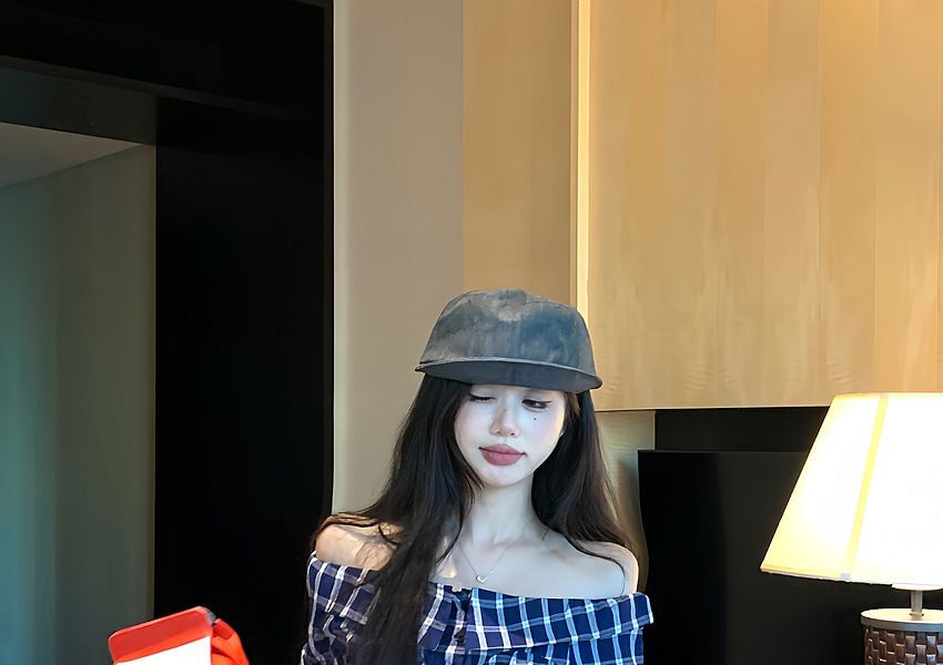 Off-Shoulder Long-Sleeved Mock Two-Piece Top & Plaid High-Waisted Mini A-Line Skirt