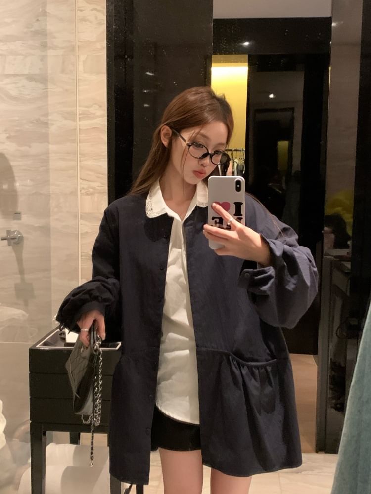 Long-Sleeve Plain Lace Trim Shirt & Trench Jacket