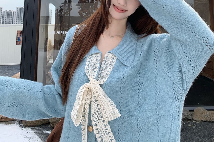 Collar Plain Lace Trim Cardigan
