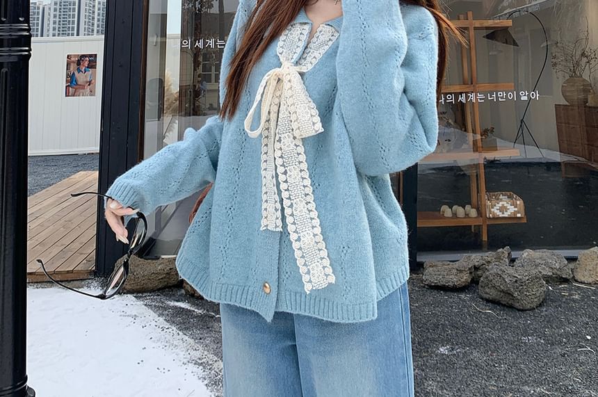 Collar Plain Lace Trim Cardigan