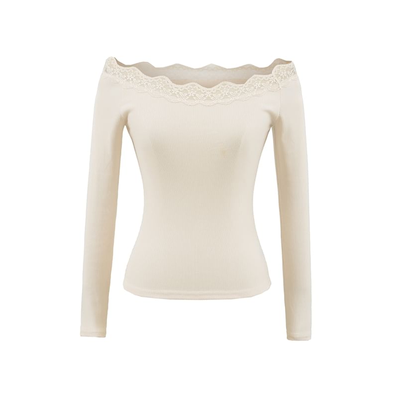 Off-Shoulder Lace-Trimmed Slim-Fit Long-Sleeved Tee