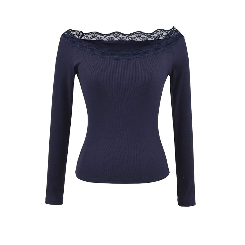 Off-Shoulder Lace-Trimmed Slim-Fit Long-Sleeved Tee