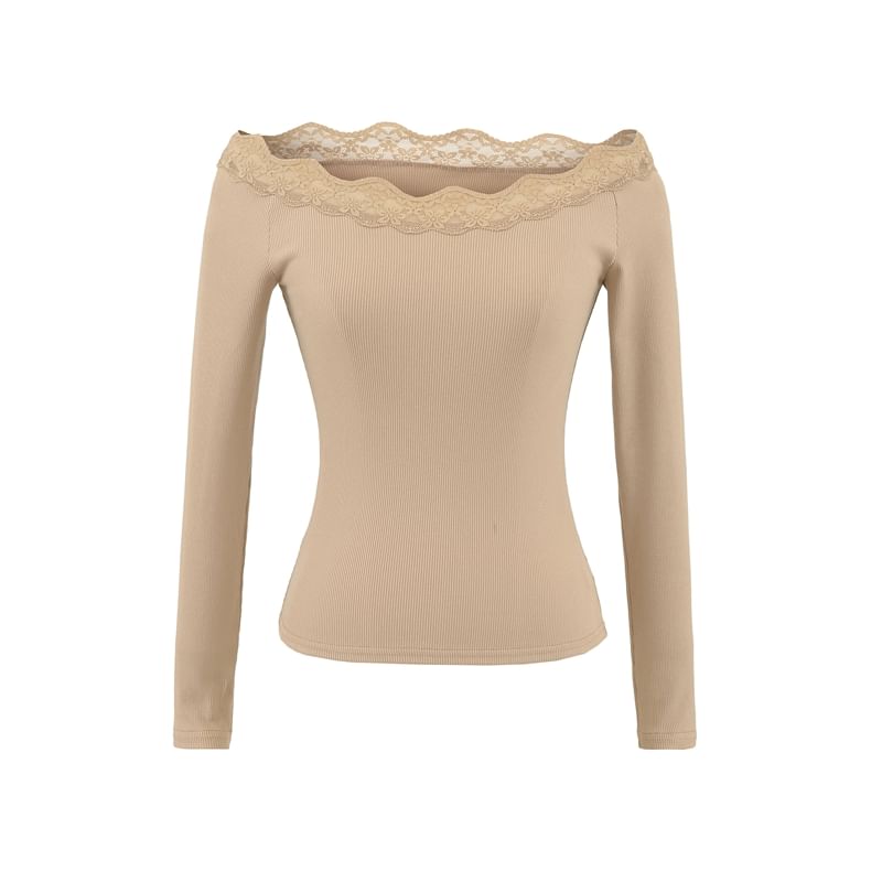 Off-Shoulder Lace-Trimmed Slim-Fit Long-Sleeved Tee