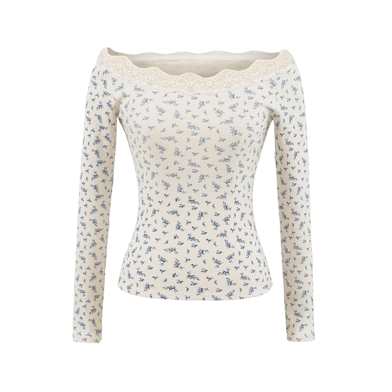 Long-Sleeve Off-Shoulder Lace Trim Slim Fit Tee