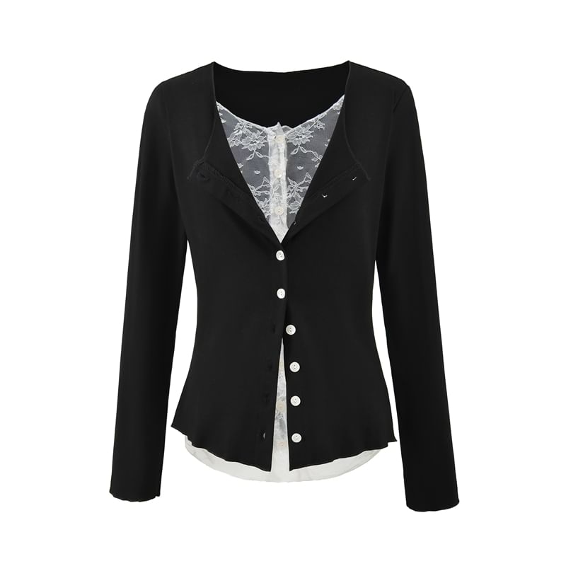 Mock Two-Piece Long-Sleeve Lace Panel Button T-Shirt