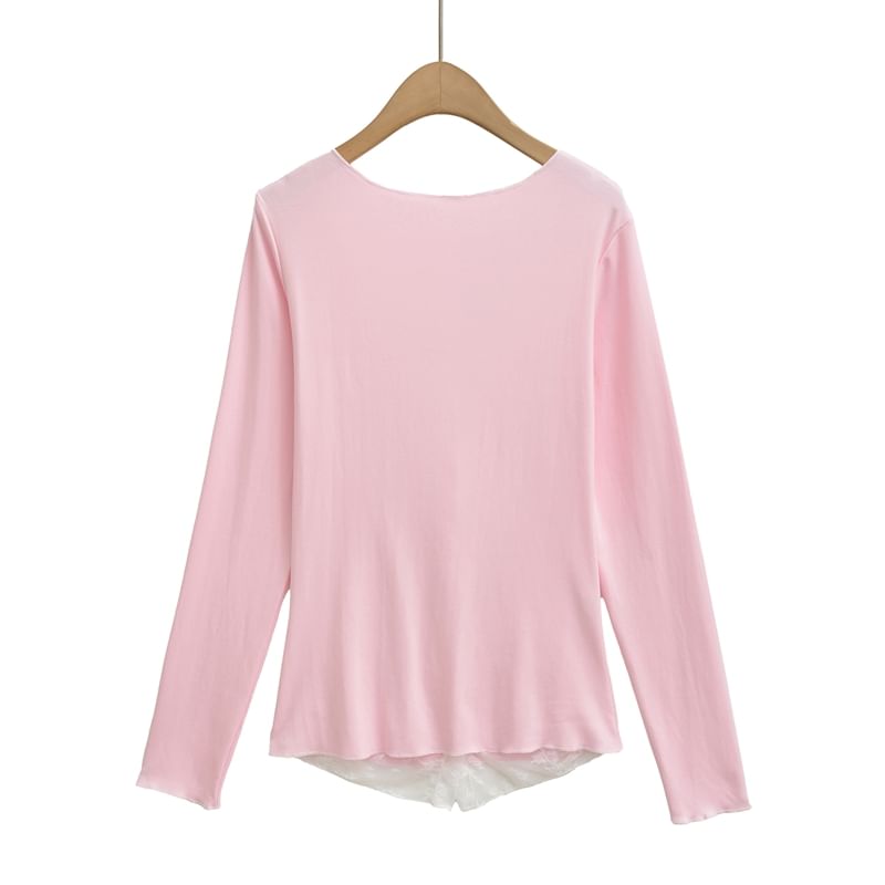 Mock Two-Piece Long-Sleeve Lace Panel Button T-Shirt