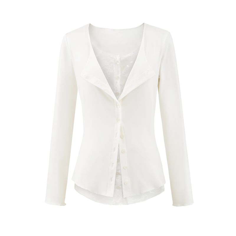 Mock Two-Piece Lace-Panel Long-Sleeved Button T-Shirt