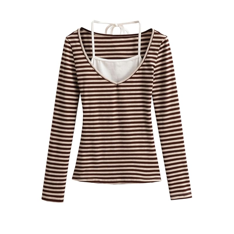 Striped Slim-Fit Mock Two-Piece Halter Long-Sleeved Tee