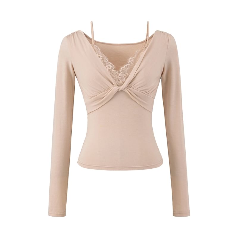 Knot Lace-Paneled Mock Two-Piece V-Neck Slim-Fit Long-Sleeved Tee