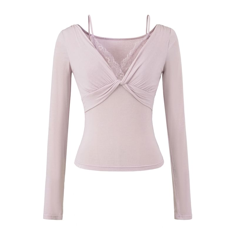 Knot Lace-Paneled Mock Two-Piece V-Neck Slim-Fit Long-Sleeved Tee