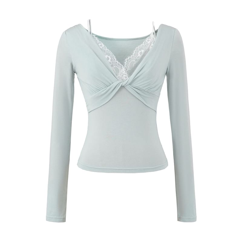 Mock Two-Piece Long-Sleeve V-Neck Plain Knot Lace Panel Slim Fit T-Shirt