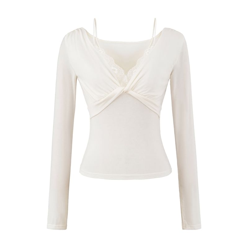 Mock Two-Piece Long-Sleeve V-Neck Plain Knot Lace Panel Slim Fit T-Shirt