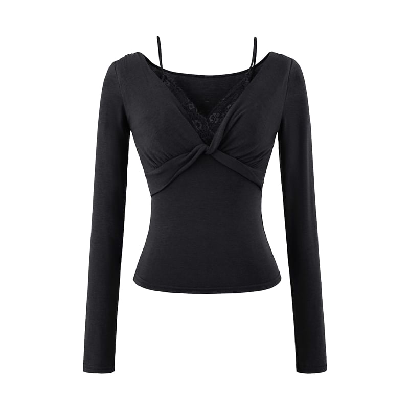 Mock Two-Piece Long-Sleeve V-Neck Plain Knot Lace Panel Slim Fit T-Shirt