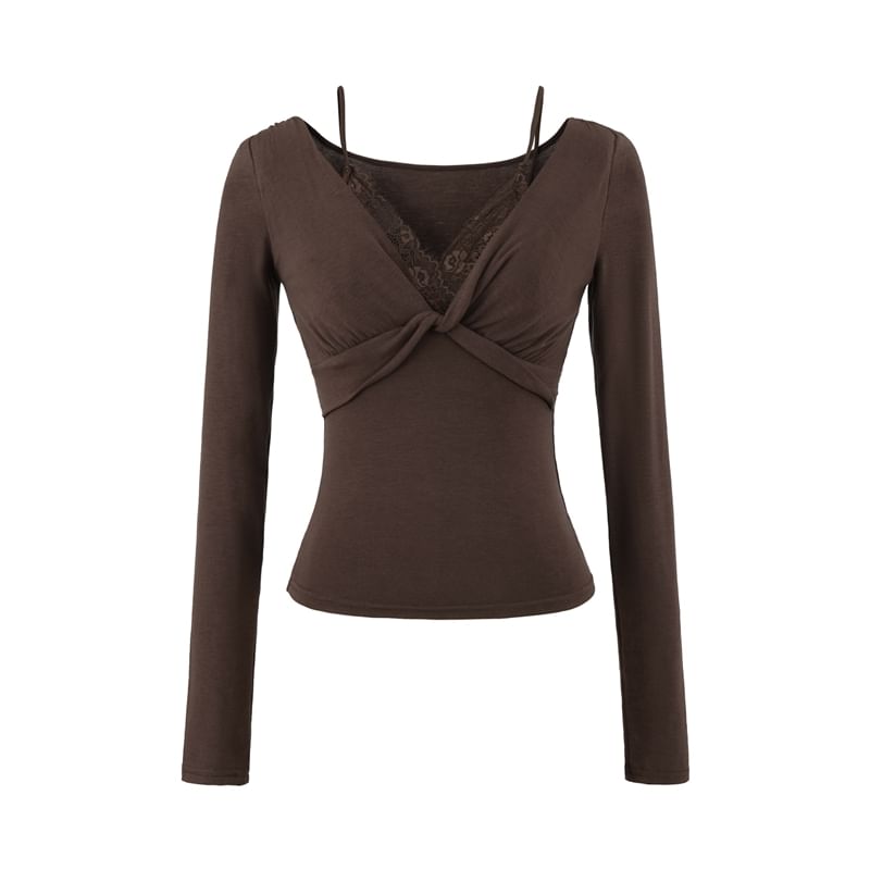 Knot Lace-Paneled Mock Two-Piece V-Neck Slim-Fit Long-Sleeved Tee