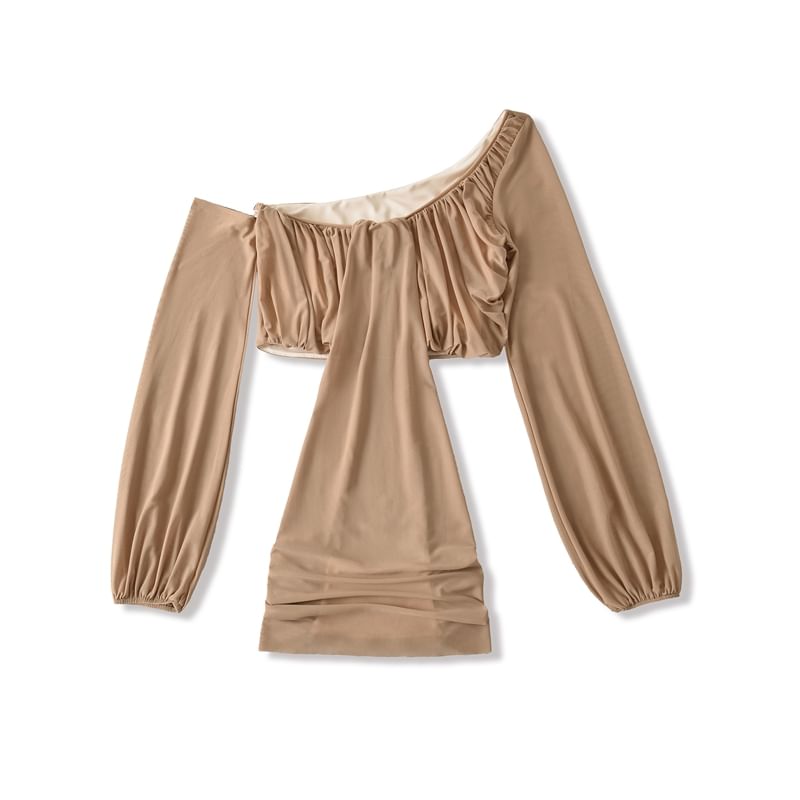Plain Mesh Cropped Off-Shoulder Asymmetric-Neck Long-Sleeved Top