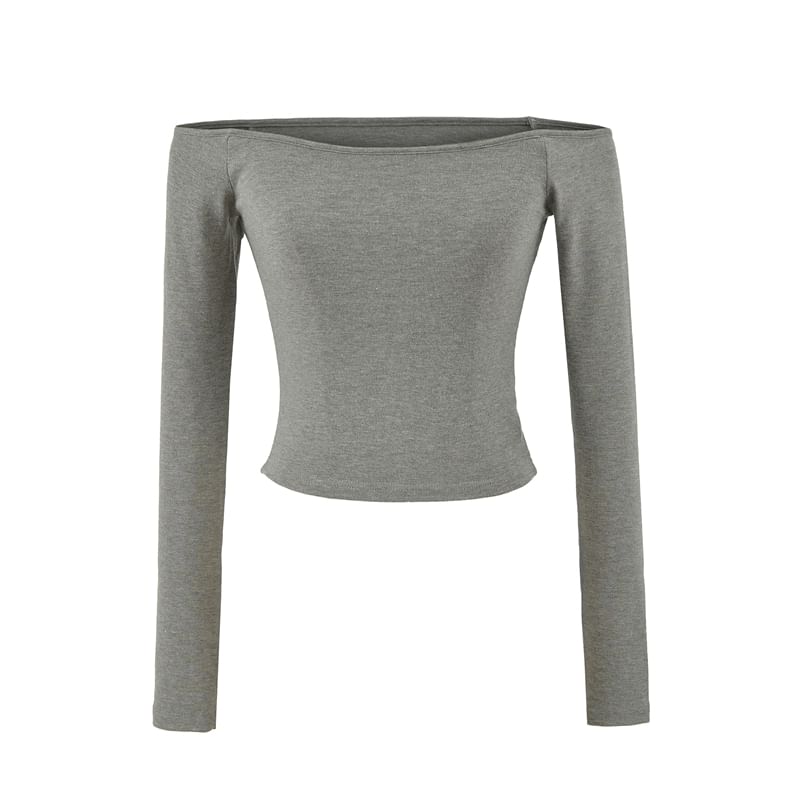 Plain Cropped Slim-Fit Off-Shoulder Long-Sleeved T-Shirt