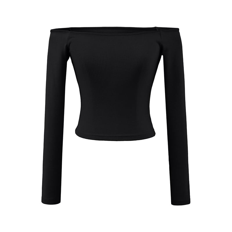 Plain Cropped Slim-Fit Off-Shoulder Long-Sleeved T-Shirt