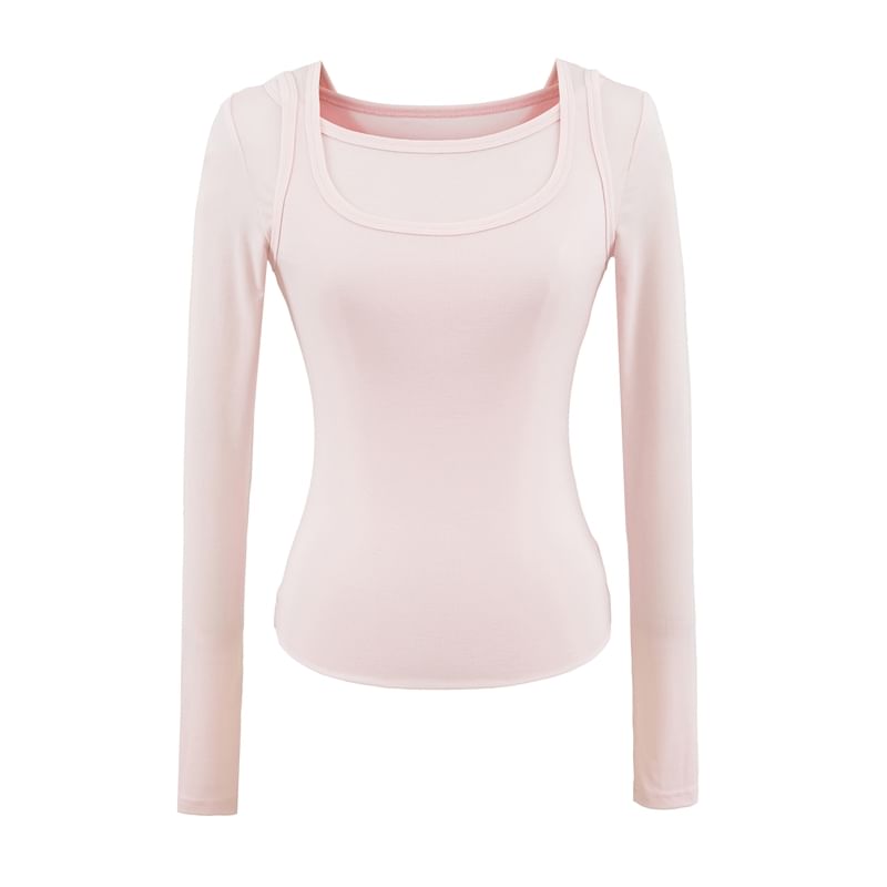 Mock Two-Piece Square-Neck Long-Sleeved Slim-Fit Tee