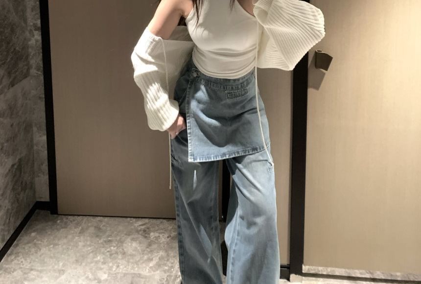 High Rise Skirt Overlay Wide Leg Jeans