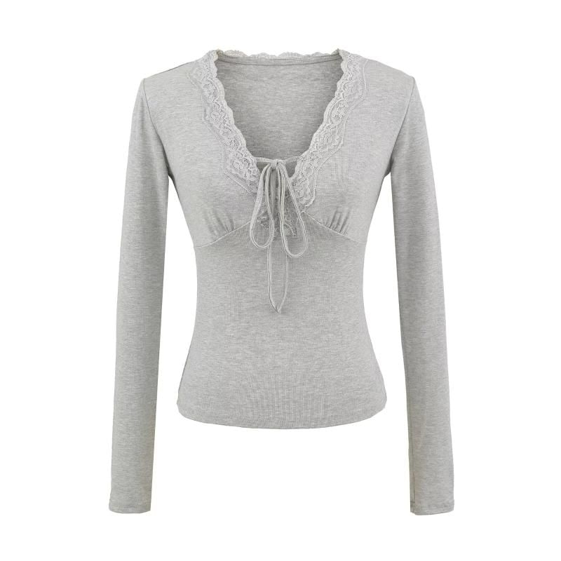 Long-Sleeve V-Neck Plain Lace Trim Tee