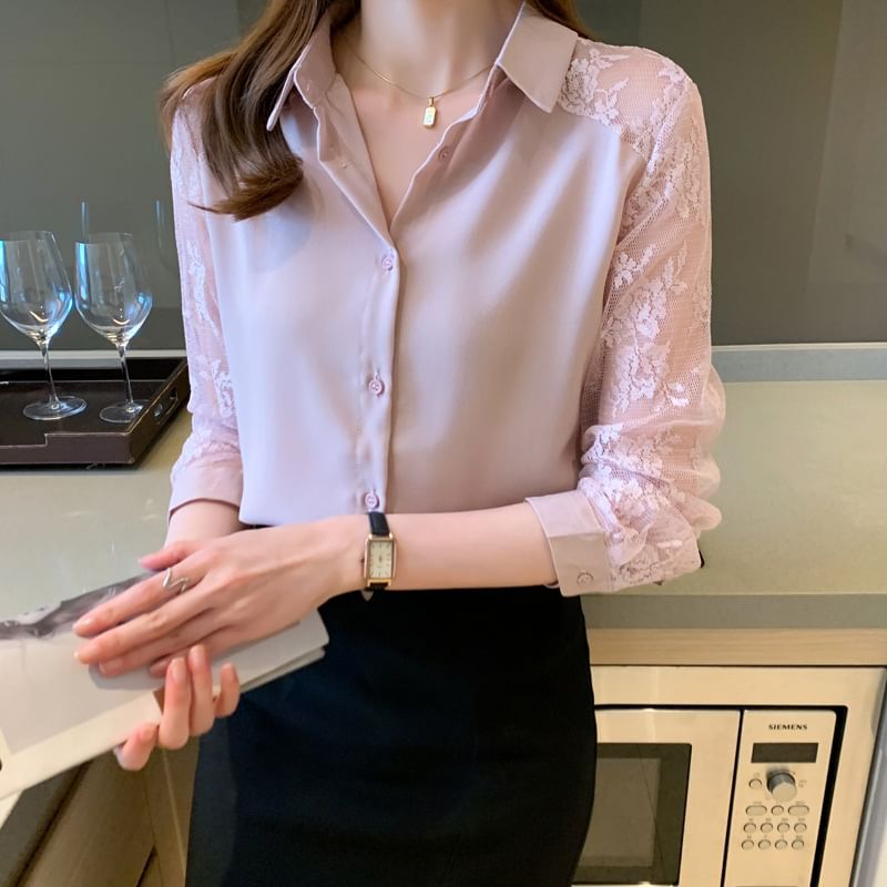 Long Sleeve Collared Plain Panel Lace Shirt