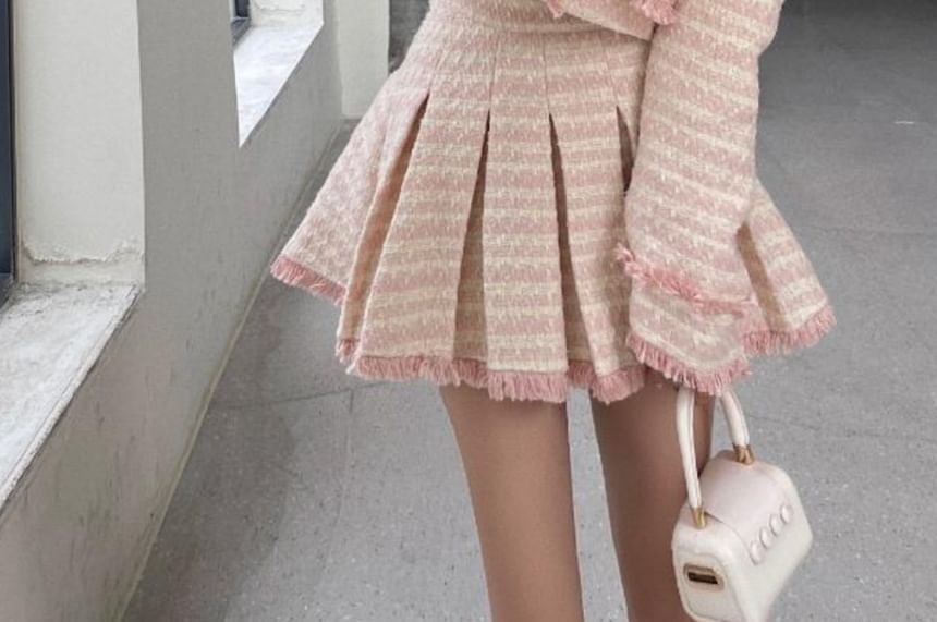 Set: Plaid Tweed Button-Up Crop Jacket + Mini Pleated Skirt