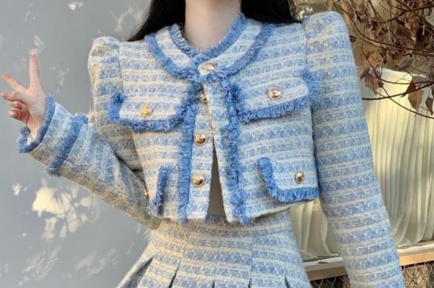 Set: Plaid Tweed Button-Up Crop Jacket + Mini Pleated Skirt