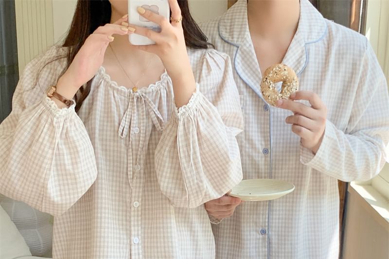 Matching Couple Blouse & Pants Set with Lace Trim