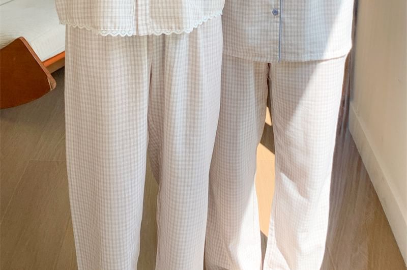 Matching Couple Blouse & Pants Set with Lace Trim