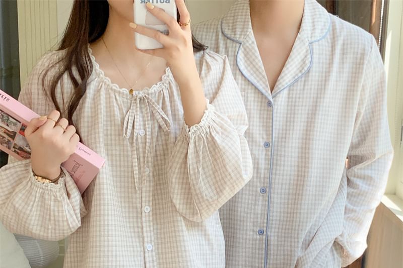 Matching Couple Blouse & Pants Set with Lace Trim