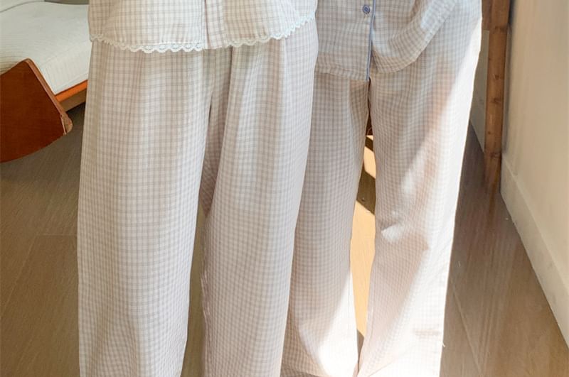 Matching Couple Blouse & Pants Set with Lace Trim
