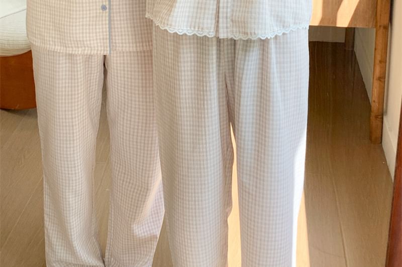Matching Couple Blouse & Pants Set with Lace Trim