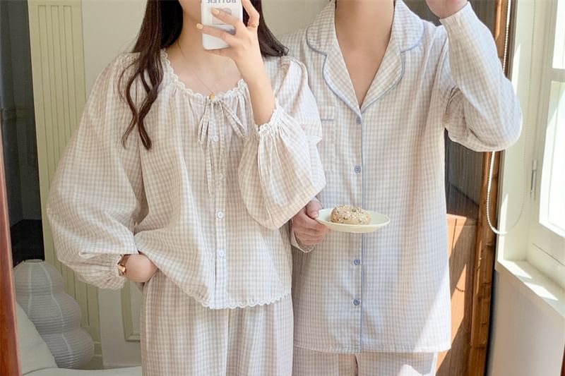 Matching Couple Blouse & Pants Set with Lace Trim