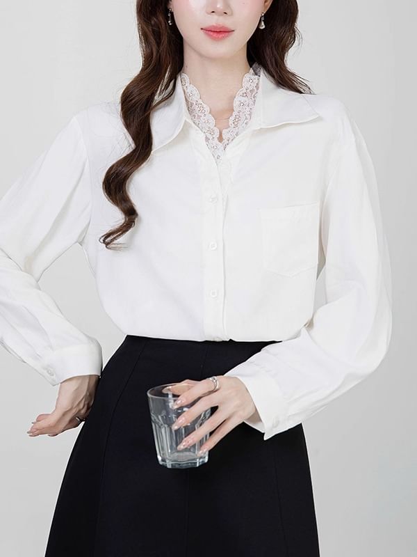 Collared Long-Sleeve Button Up Shirt with Lace Trim