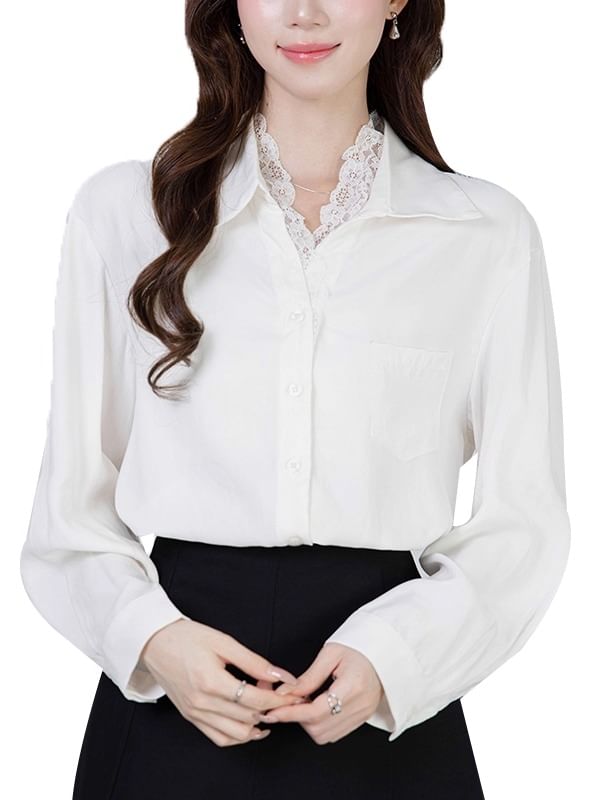 Collared Long-Sleeve Button Up Shirt with Lace Trim
