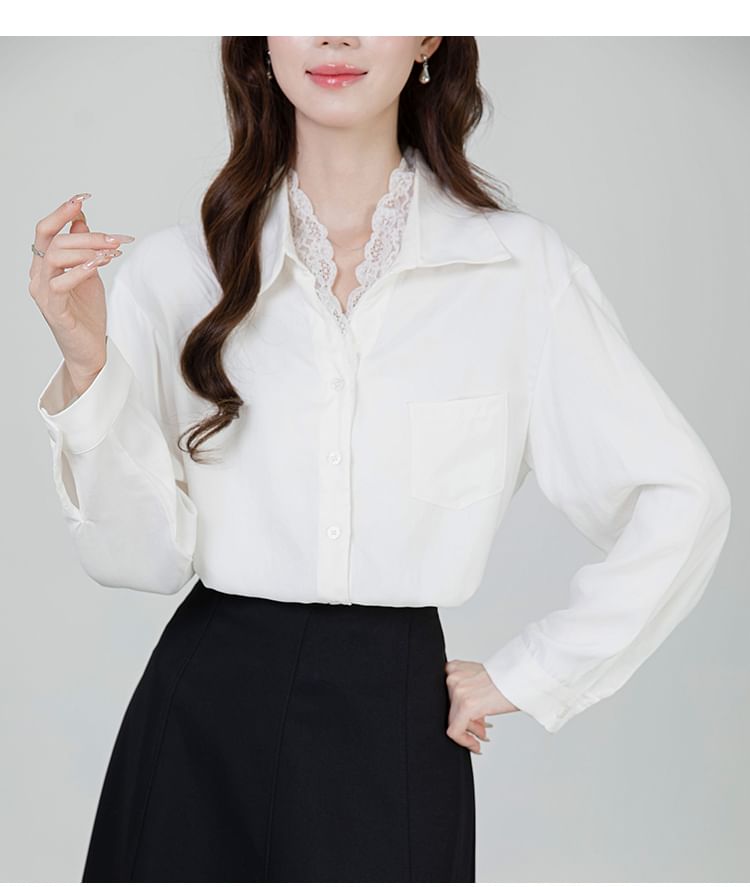 Collared Long-Sleeve Button Up Shirt with Lace Trim