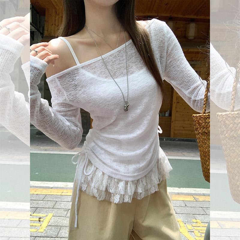 Scoop Neck Lace Panel Camisole + Off-Shoulder Sheer Drawstring Top