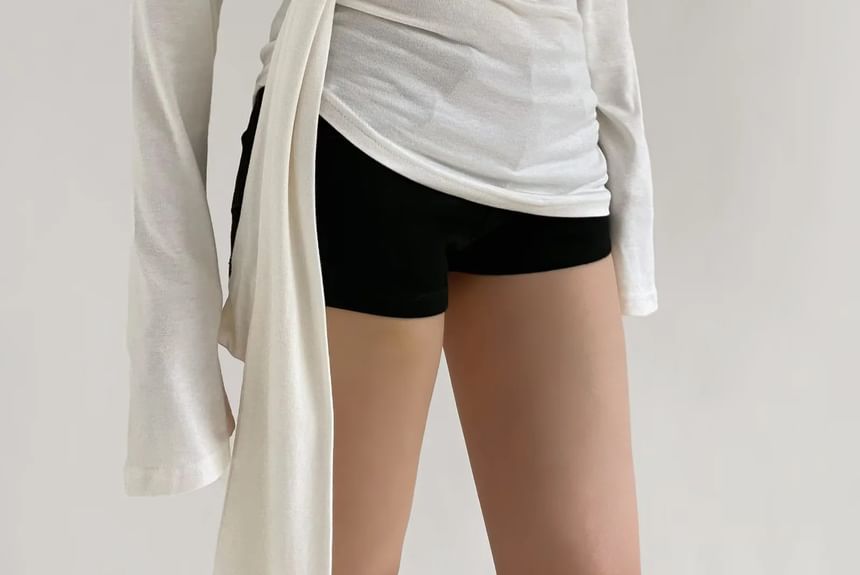 Long-Sleeve Round Neck Asymmetrical Lace Panel Ruched Sheer T-Shirt