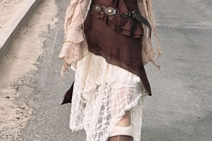 Spaghetti Strap Ruffle Asymmetrical Mini Dress & Cardigan & Midi Skirt