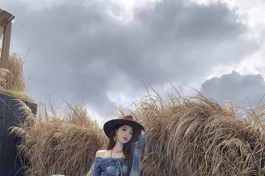 Off-Shoulder Tie Dye Asymmetrical Cropped Tee & Low Rise Maxi Skirt