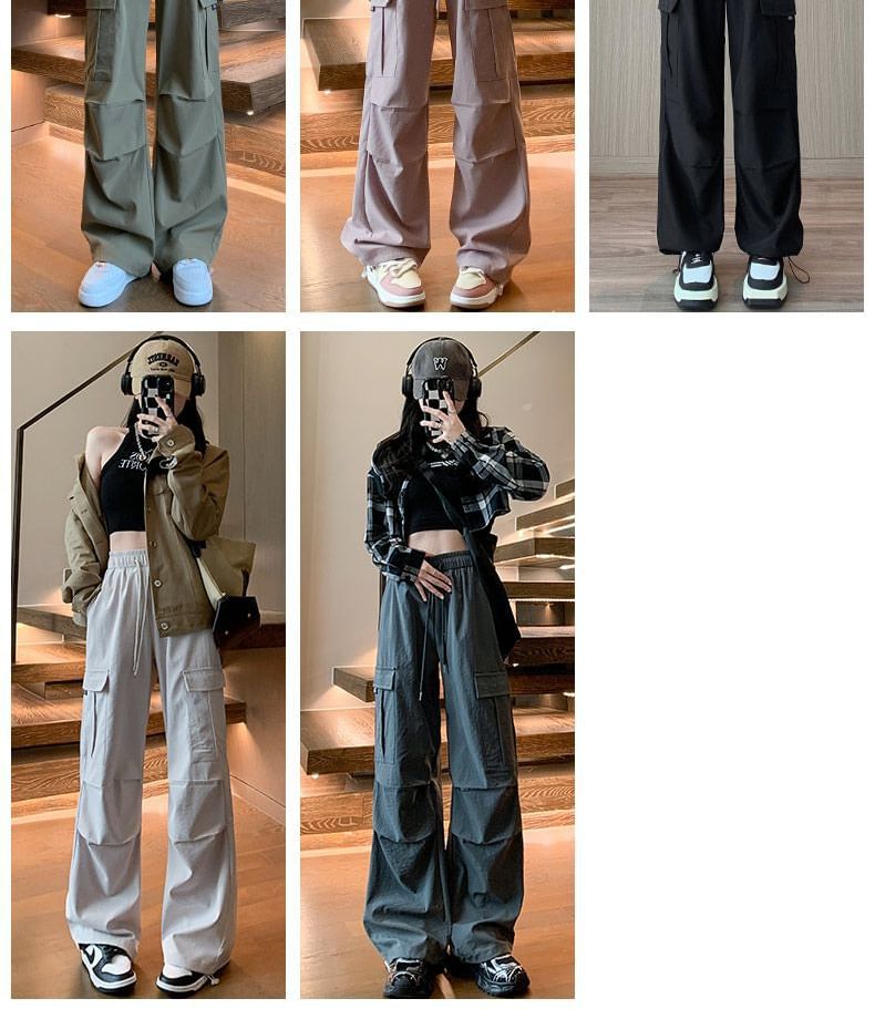 High Waist Plain Wide Leg Cargo Pants (Various Designs)