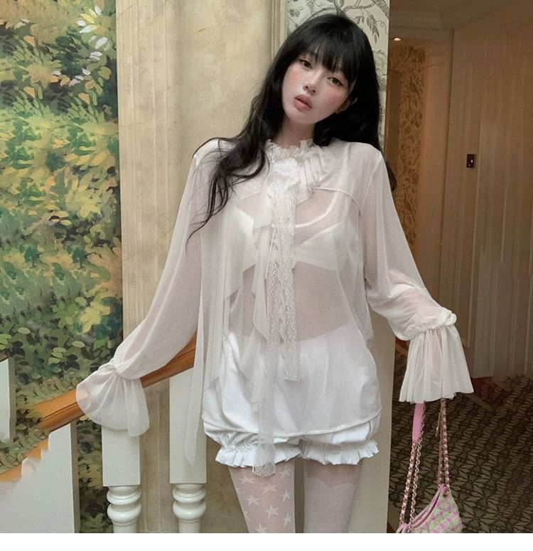 Flared-Sleeve Mock Neck Ruffle Sheer Blouse with Lace Trim