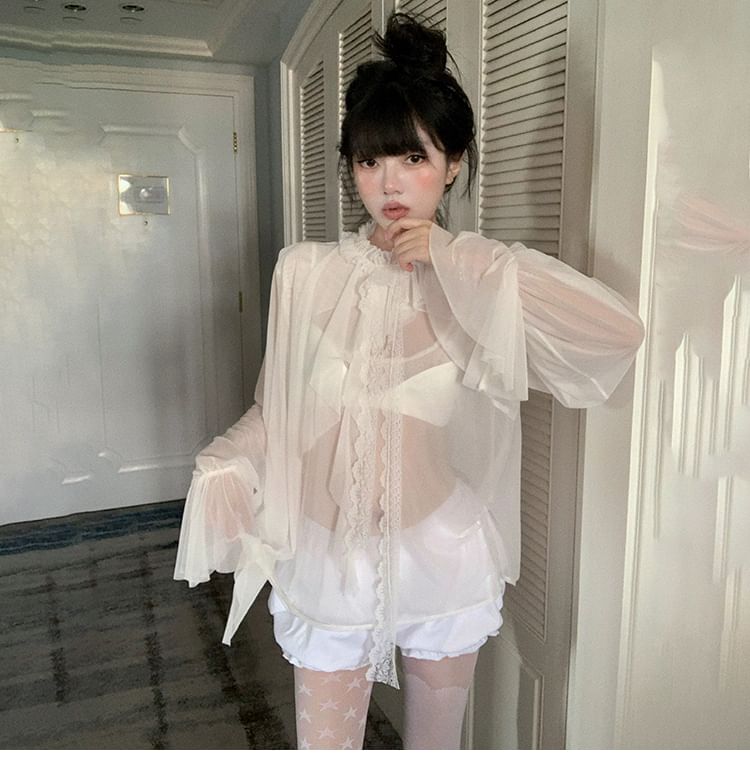 Flared-Sleeve Mock Neck Ruffle Sheer Blouse with Lace Trim