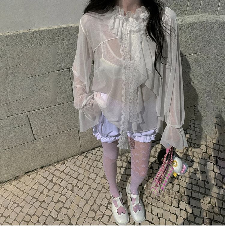 Flared-Sleeve Mock Neck Ruffle Sheer Blouse with Lace Trim