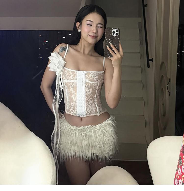 Scoop Neck Lace Cami & Low Waist Faux Fur Mini Skirt