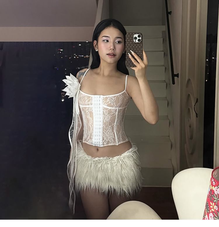 Scoop Neck Lace Cami & Low Waist Faux Fur Mini Skirt
